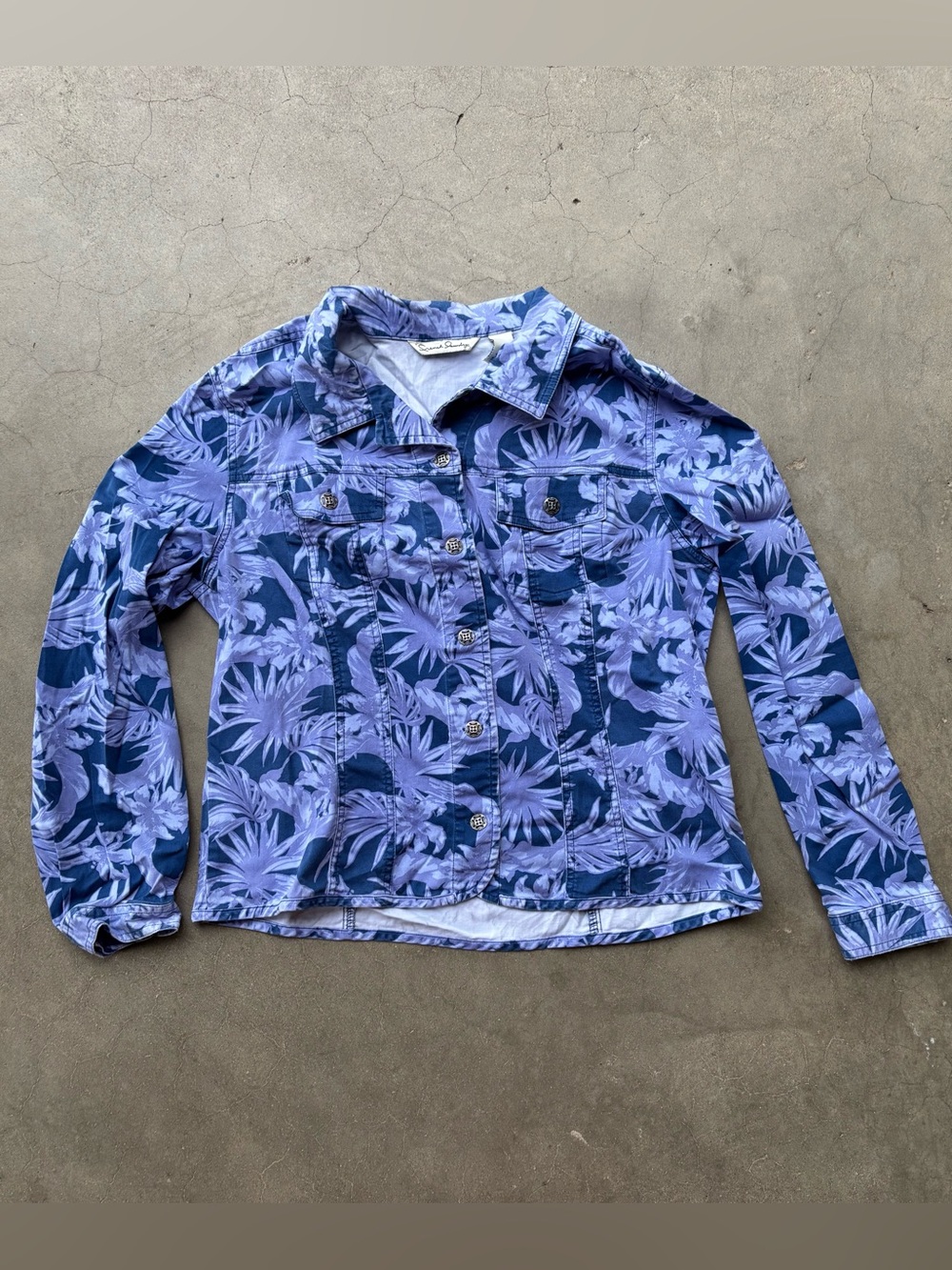 French Laundry Tropical Leaf Jean Jacket Purple Blue Size L